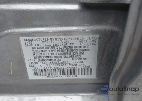 2021 Nissan Sentra Sv Xtronic Cvt z USA, uszkodzony, nr VIN 3N1AB8CVXMY330750